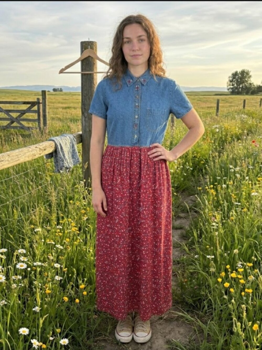 VTG 90s Denim Maxi Dress M Floral Short Sleeve Cottage Country Prairie Granny
